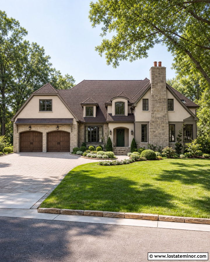 Traditional Stone House With Matching Garage Chimney - 30 Stone House Design With Chimney Ideas