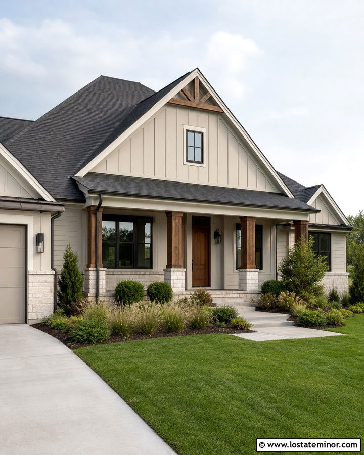 Transitional Beige House With Mixed Material Porch - 30 Beige House Design With Front Porch Ideas
