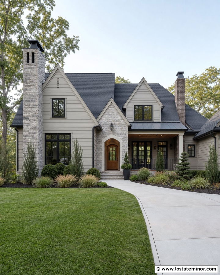 Transitional Stone House With Mixed Chimneys - 30 Stone House Design With Chimney Ideas