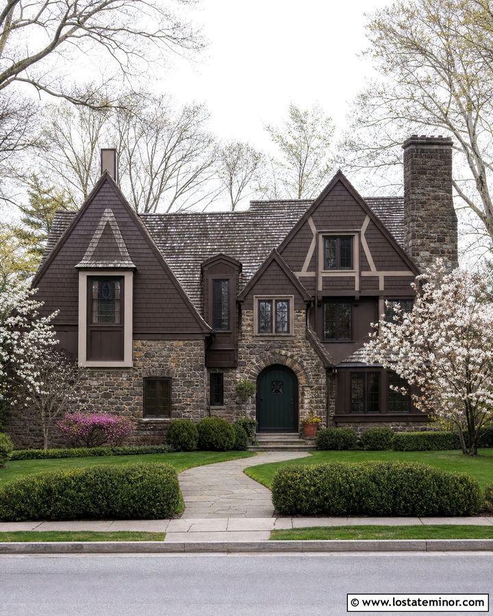 Tudor House With Stone And Shingles - 30 Stone House Design With Shingles Ideas