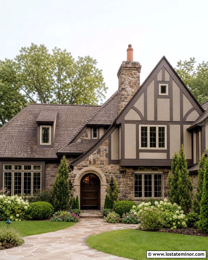 Tudor Siding And Rugged Stone House - 30 Stone House Design With Siding Ideas