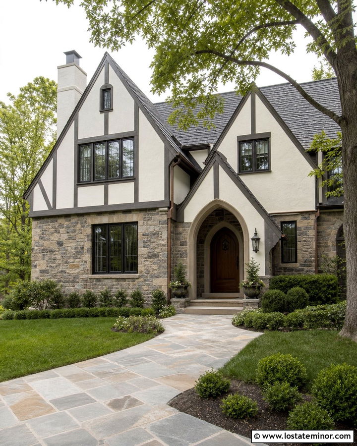 Tudor Stone House With Arched Entry Porch - 30 Stone House Design With Front Porch Ideas