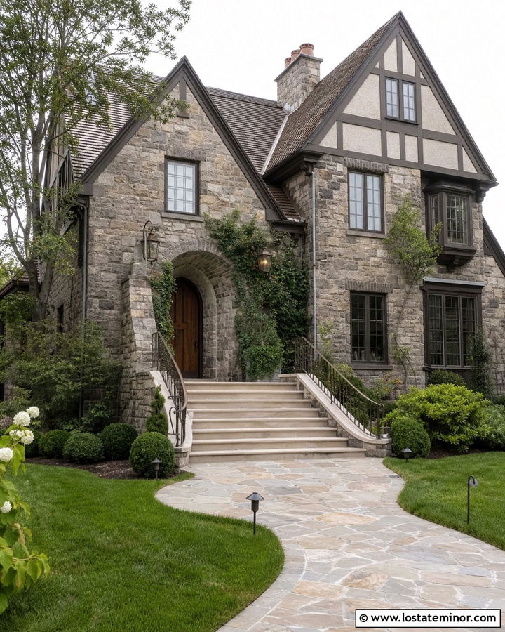 Tudor Stone House With Arched Front Steps - 30 Stone House Design With Steps Ideas