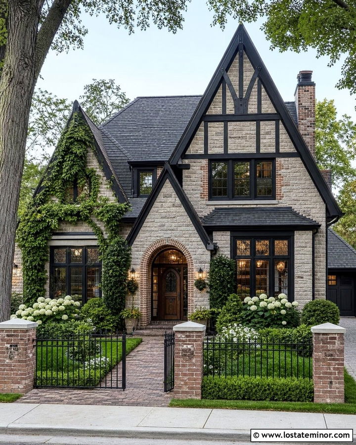 Tudor Stone House With Brick And Iron Fence - 30 Stone House Design With Fence Ideas