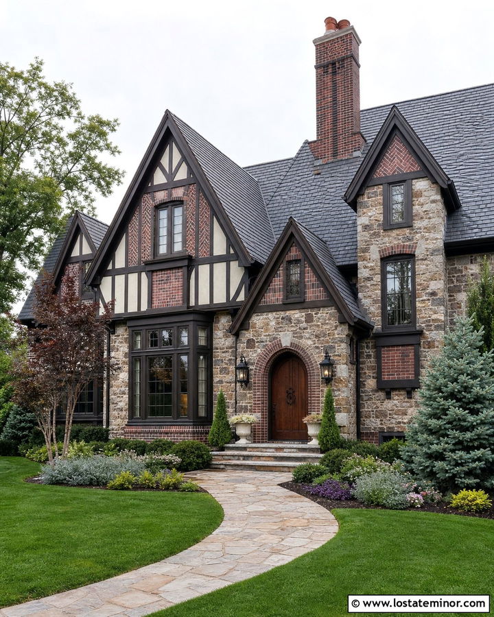 Tudor Stone House With Dark Brick Accents - 30 Stone House Design With Brick Accents Ideas