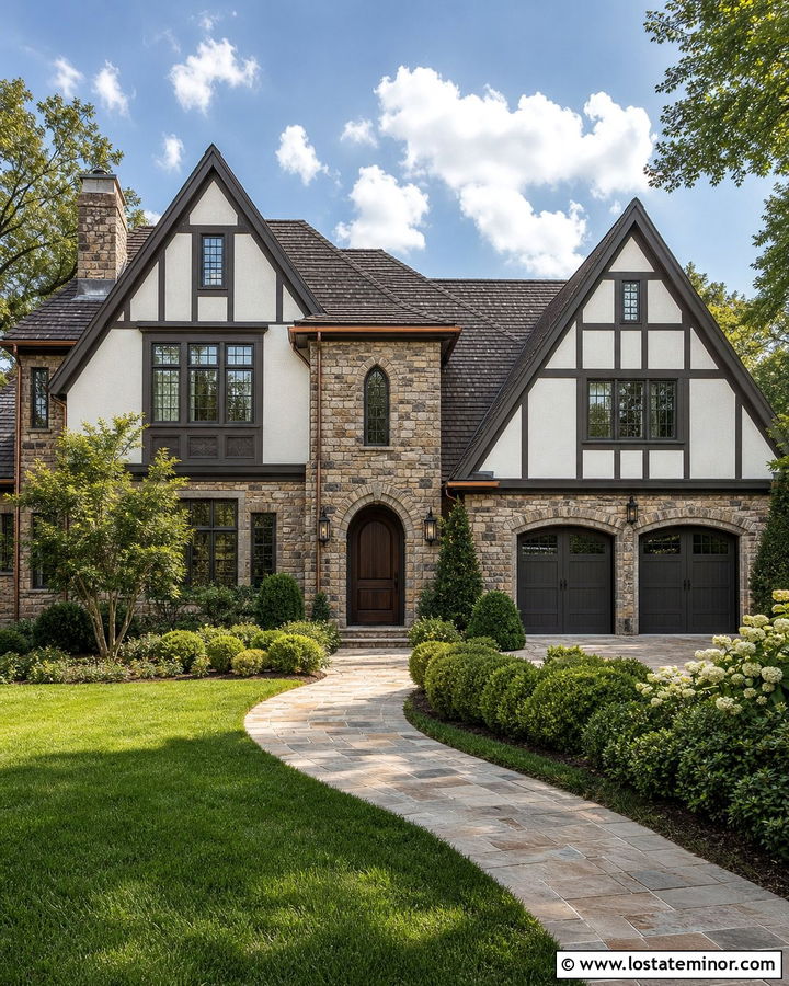Tudor Stone House With Dark Trim - 30 Stone House Design With Trim Ideas