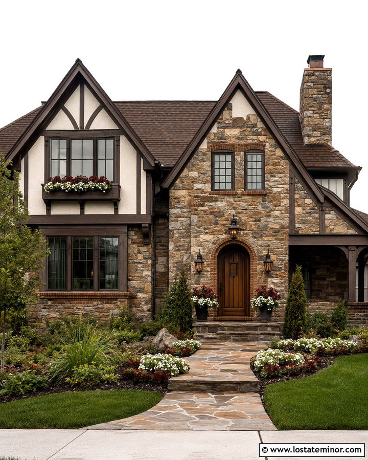 Tudor Stone House With Dark Wood Window Boxes - 30 Stone House Design With Window Boxes Ideas