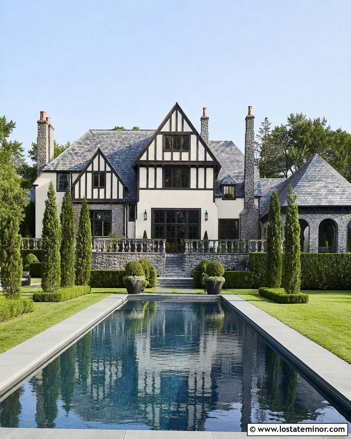 Tudor Stone House With Formal Pool - 30 Stone House Design With Swimming Pool Ideas