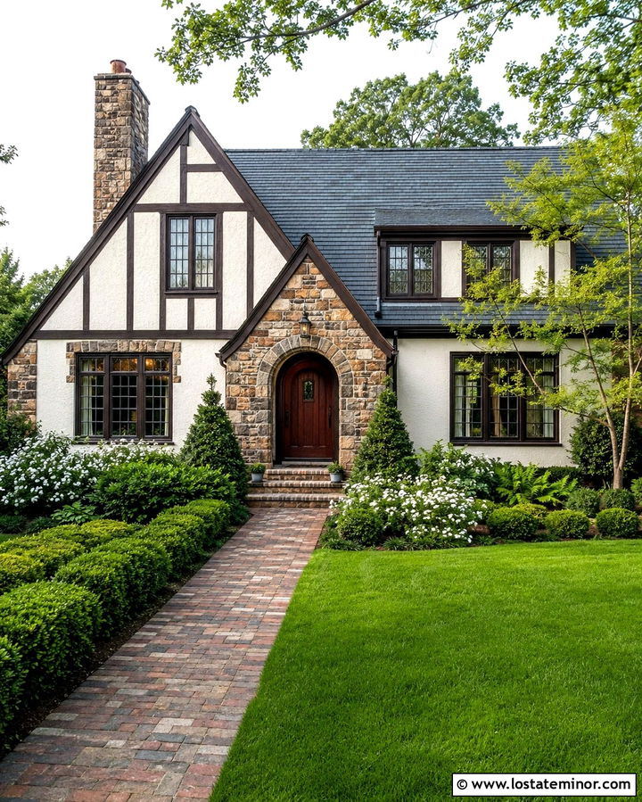 Tudor Stone House With Layered Greenery - 30 Stone House Design With Front Yard Ideas