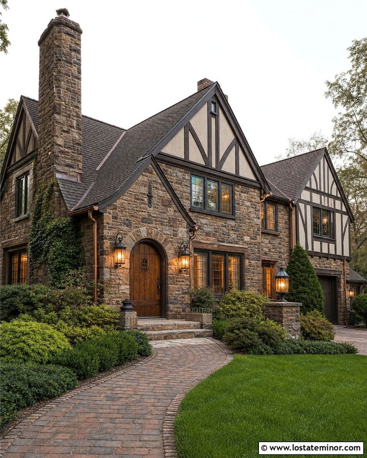 Tudor Stone House With Leaded Glass Lanterns - 30 Stone House Design With Lighting Ideas