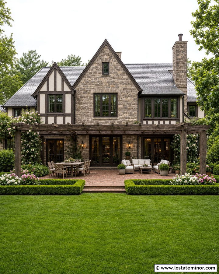 Tudor Stone House With Pergola - 30 Stone House Design With Backyard Ideas