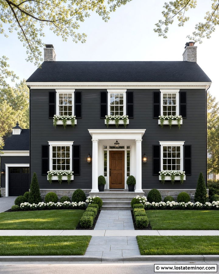 Two Story Charcoal Grey House With Symmetrical Window Boxes - 30 Charcoal Grey House Design With Window Boxes Ideas