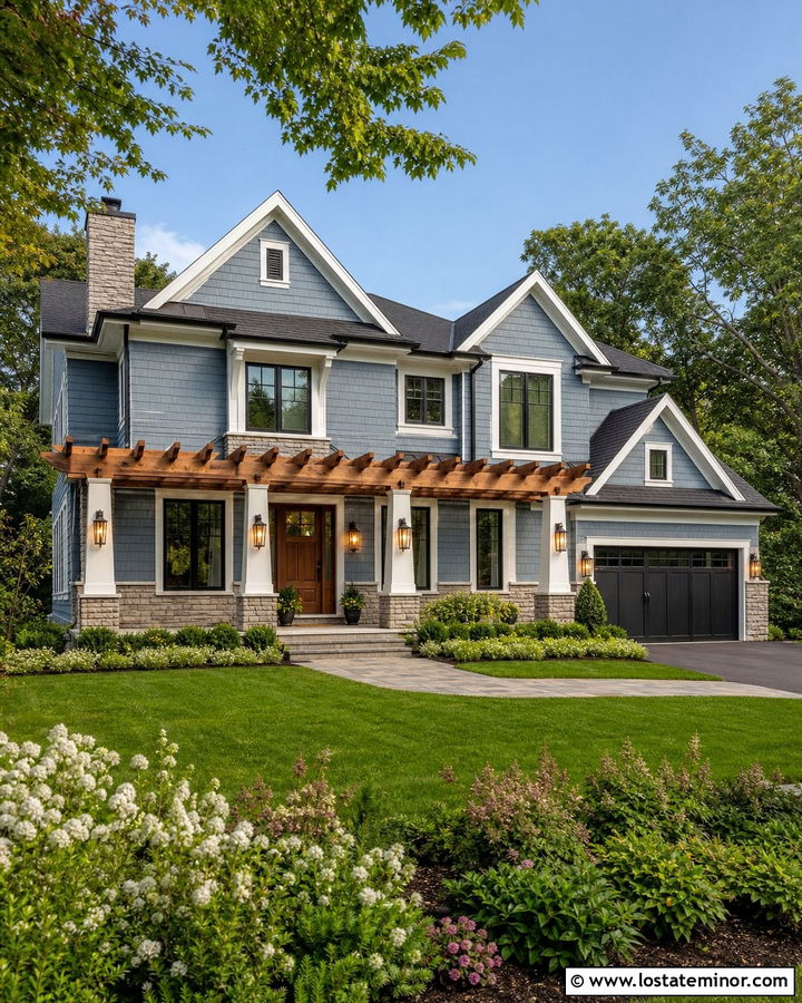 Two Story Dusty Blue House With Pergola - 30 Dusty Blue House Design With Pergola Ideas