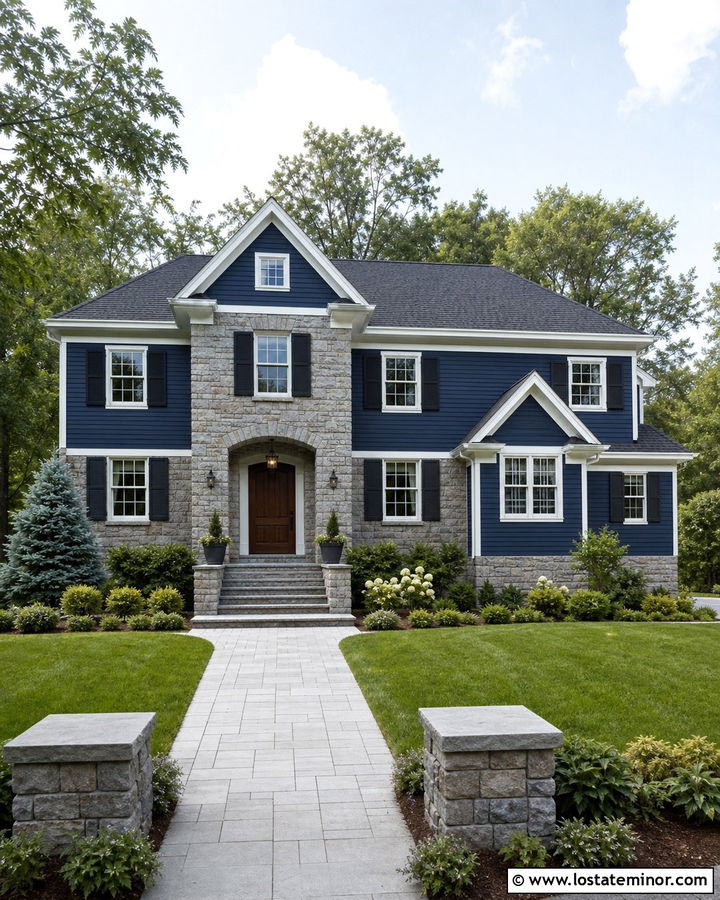 Two Story Navy Blue House With Stone Accents - 30 Navy Blue House Design With Stone Accents Ideas