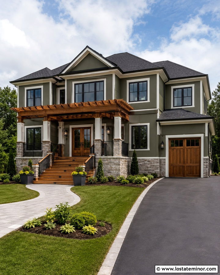Two Story Olive Green House With Deck Pergola - 30 Olive Green House Design With Pergola Ideas