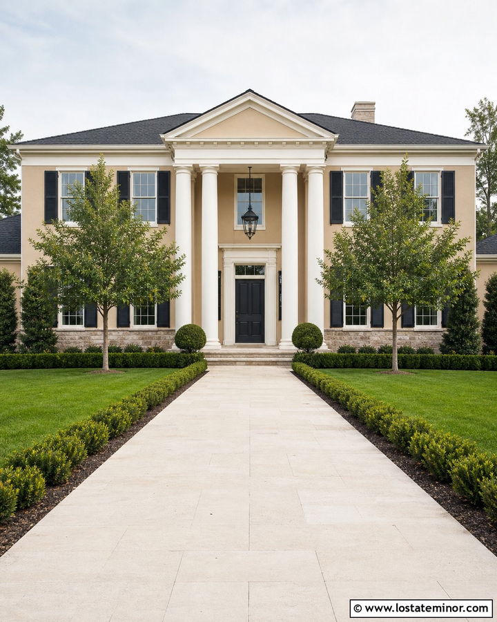 Two Story Sand House With Tall Portico - 30 Sand House Design With Portico Ideas