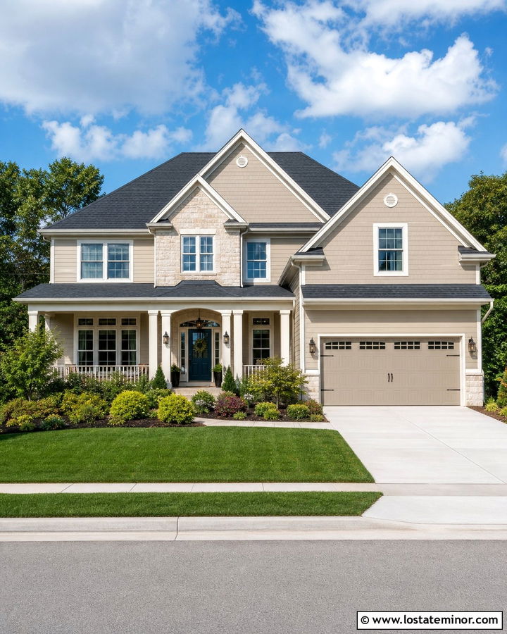Two Tone Beige House With Matching Garage Door - 30 Beige House Design With Garage Door Ideas