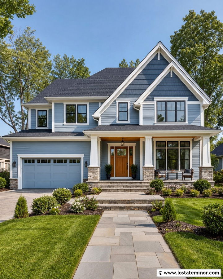 Two Tone Dusty Blue House With Shingles - 30 Dusty Blue House Design With Shingles Ideas