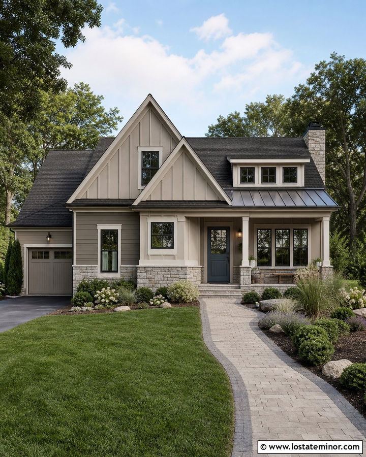 Two Tone Greige House With Blue Dutch Door - 30 Greige House Design With Dutch Door Ideas