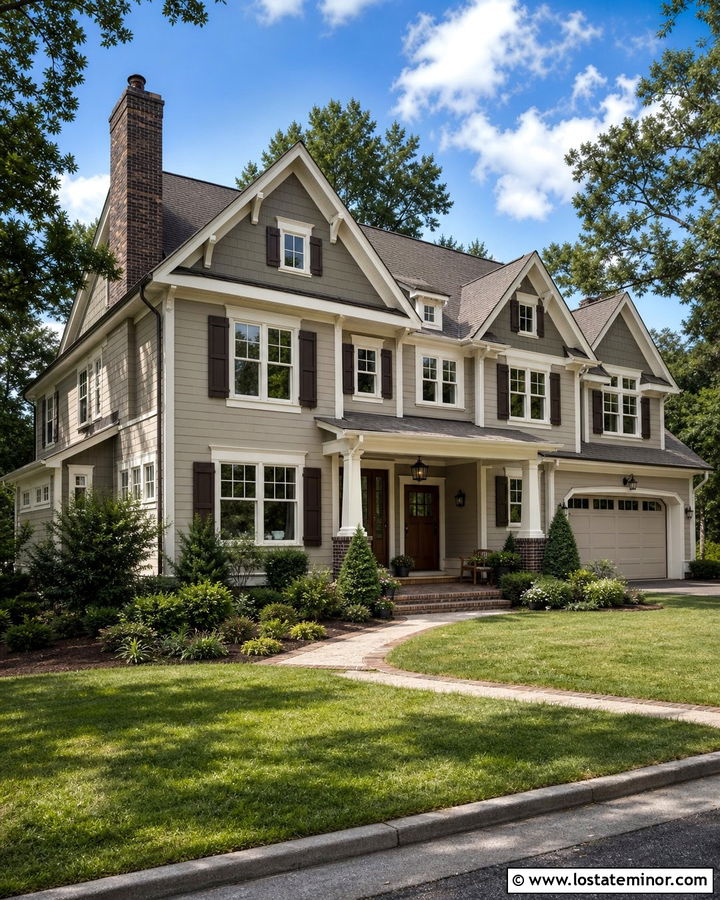Two Tone Greige House With Brick Chimney - 30 Greige House Design With Chimney Ideas