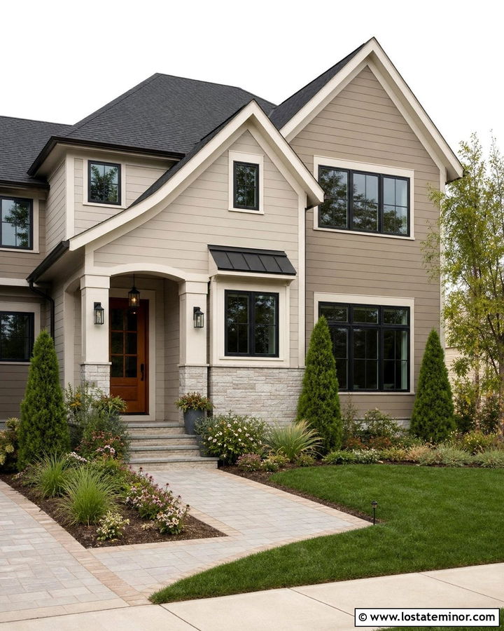 Two Tone Greige House With Mixed Front Yard - 30 Greige House Design With Front Yard Ideas