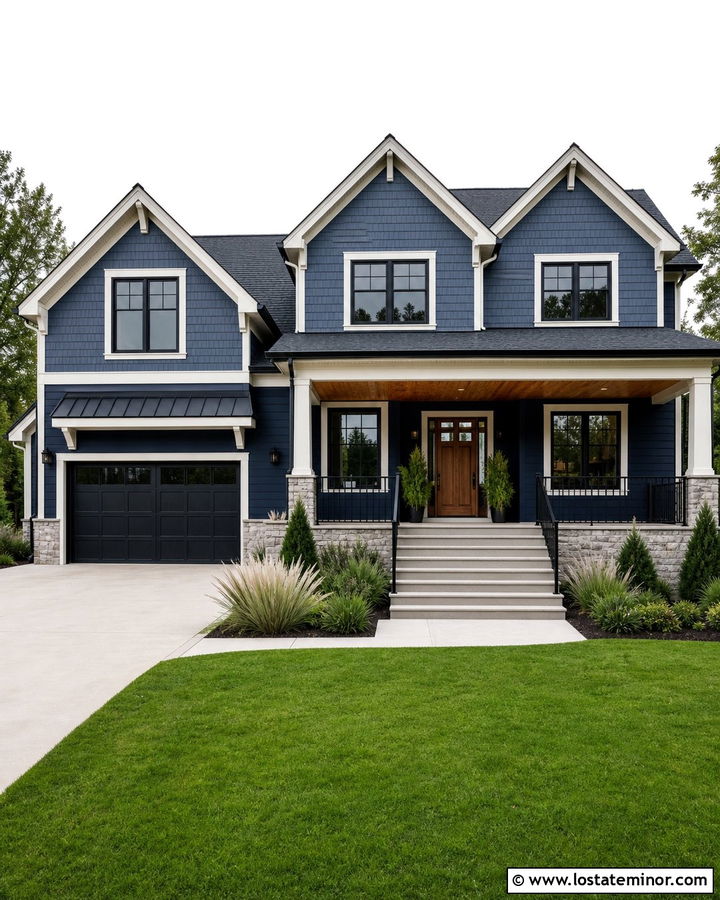Two Tone Navy Blue House With Black Railings - 30 Navy Blue House Design With Railings Ideas