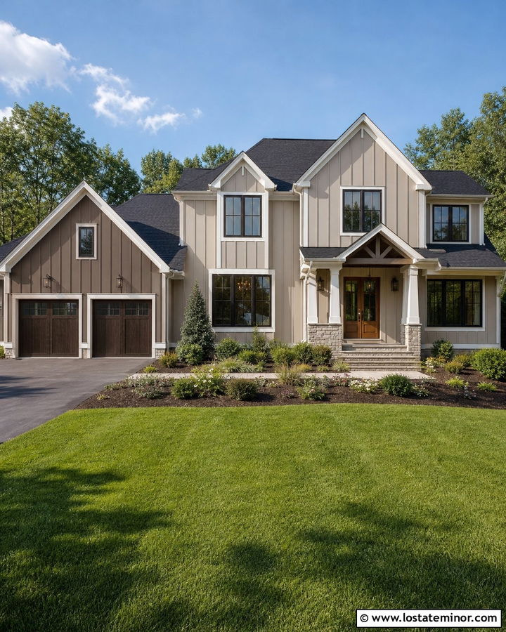 Two Tone Taupe Board and Batten House - 30 Taupe House Design With Board and Batten Ideas