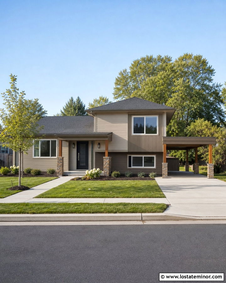Two Tone Taupe House With Carport - 30 Taupe House Design With Carport Ideas