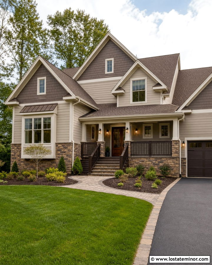 Two Tone Taupe House With Dark Brown Railings - 30 Taupe House Design With Railings Ideas