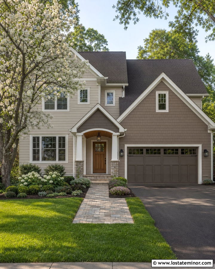 Two Tone Taupe House With Gabled Garage - 30 Taupe House Design With Gables Ideas