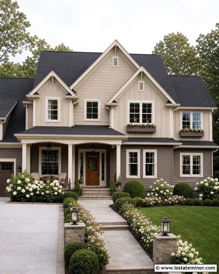 Two Tone Taupe House With Matching Window Boxes - 30 Taupe House Design With Window Boxes Ideas