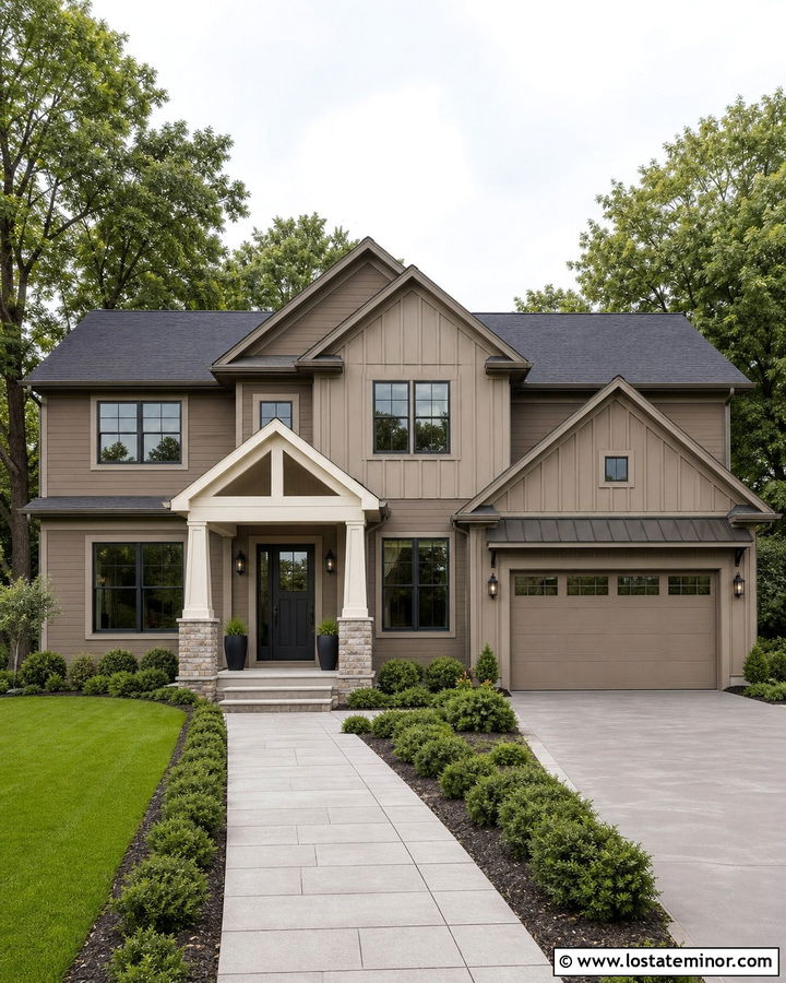 Two Tone Taupe House With Portico - 30 Taupe House Design With Portico Ideas