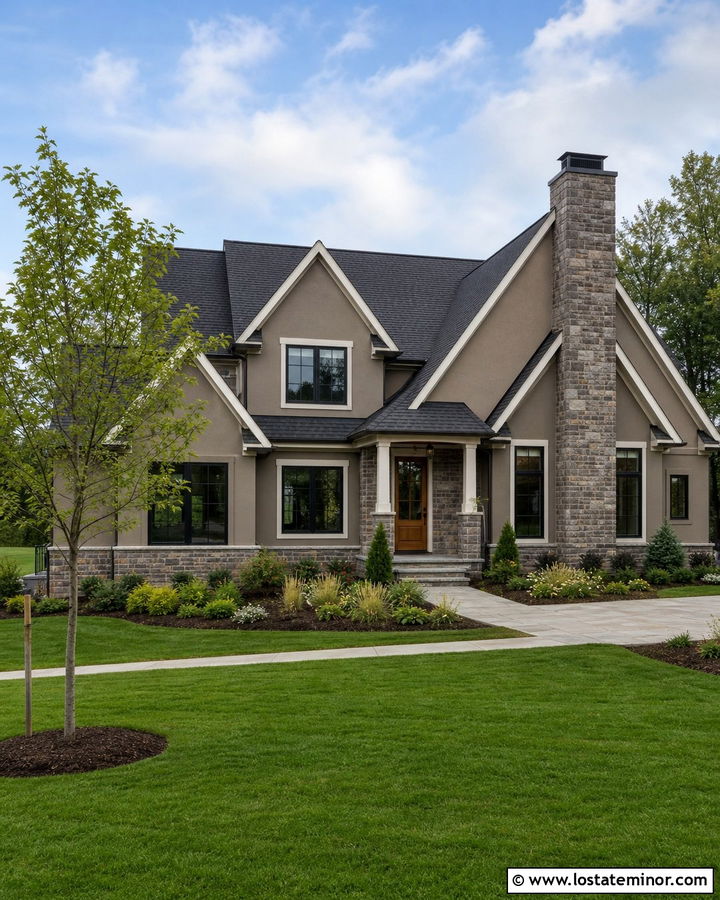 Two Tone Taupe House With Stone Chimney - 30 Taupe House Design With Chimney Ideas