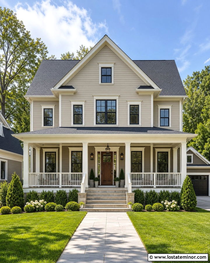 Two Tone Taupe House With White Porch - 30 Taupe House Design With Front Porch Ideas