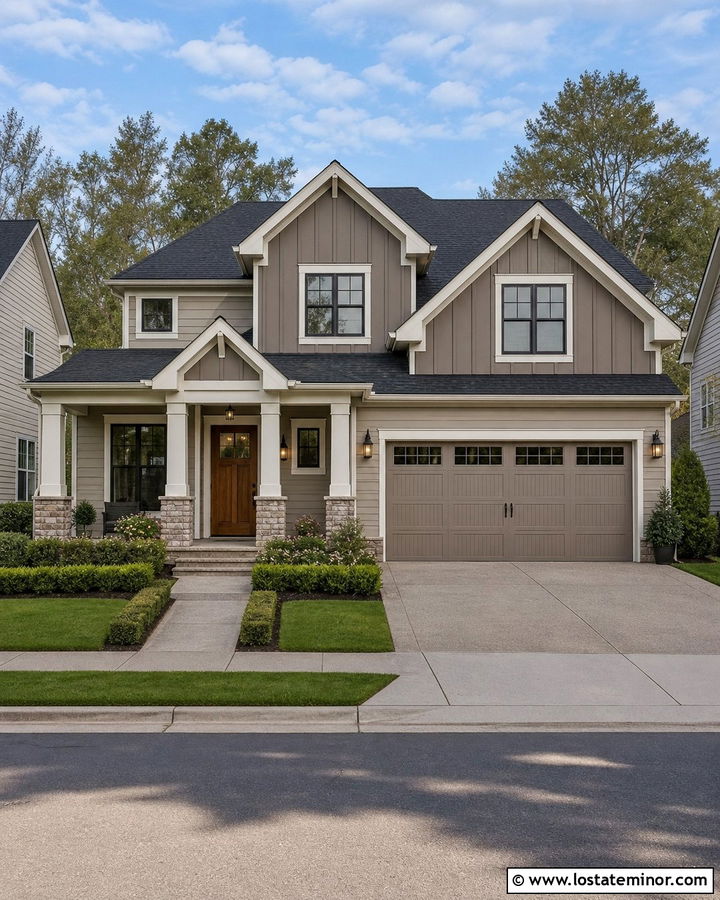 Two Tone Taupe House With White Trim - 30 Taupe House Design With Trim Ideas