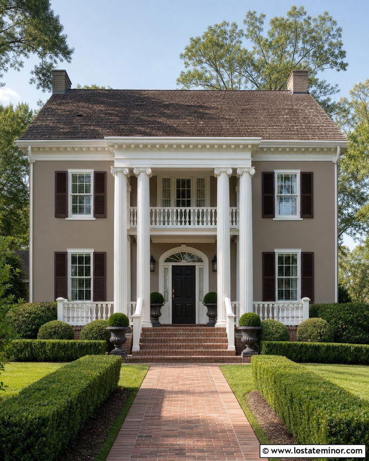 Utaupeia Traditional House With Fluted Porch Columns - 30 Taupe House Design With Porch Columns Ideas