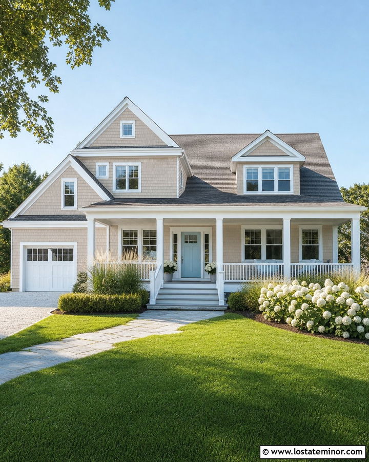 Vintage Taupe Coastal House With White Porch Columns - 30 Taupe House Design With Porch Columns Ideas