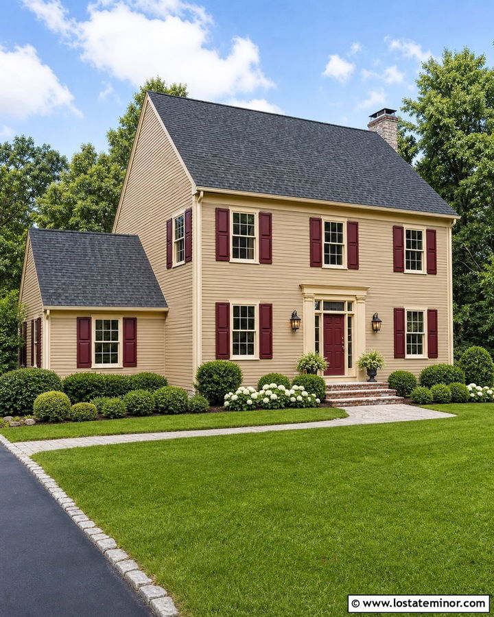 Warm Beige House With Burgundy Shutters - 30 Beige House Design With Shutters Ideas