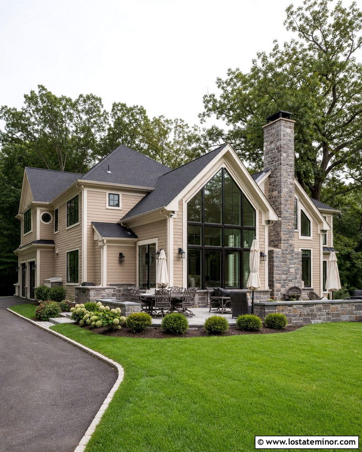 Warm Beige Transitional House With Vaulted Sunroom - 30 Tan House Design With Sunroom Ideas