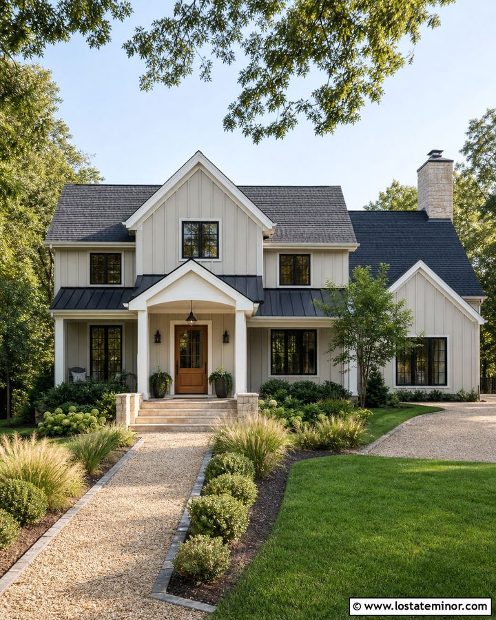 Warm Greige Farmhouse With Black Portico Roof - 30 Greige House Design With Portico Ideas