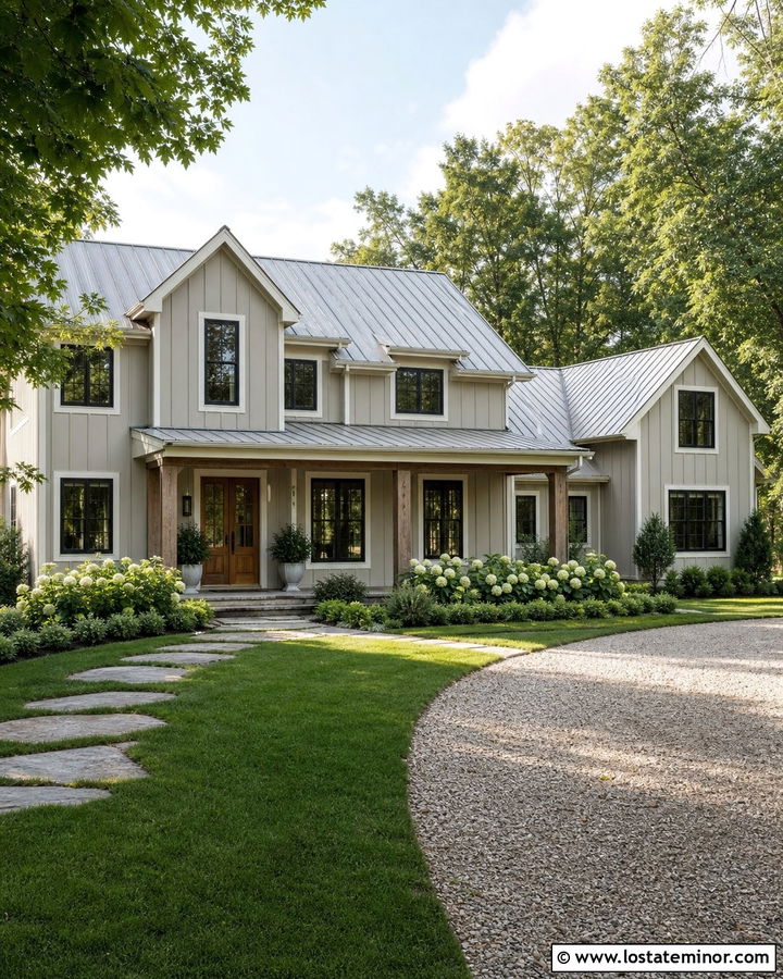 Warm Greige Farmhouse With Gravel Driveway - 30 Greige House Design With Driveway Ideas