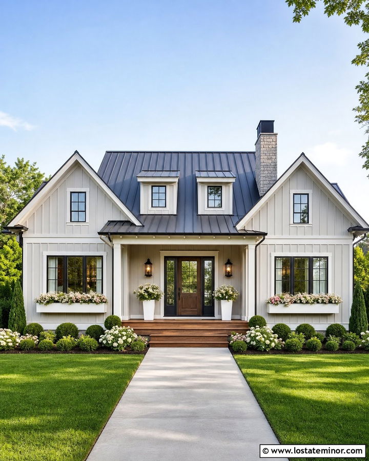 Warm Greige Farmhouse With White Window Boxes - 30 Greige House Design With Window Boxes Ideas