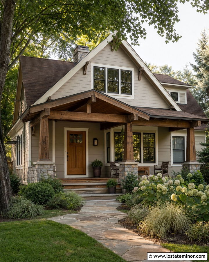 Warm Greige House With Cedar Front Porch - 30 Greige House Design With Front Porch Ideas