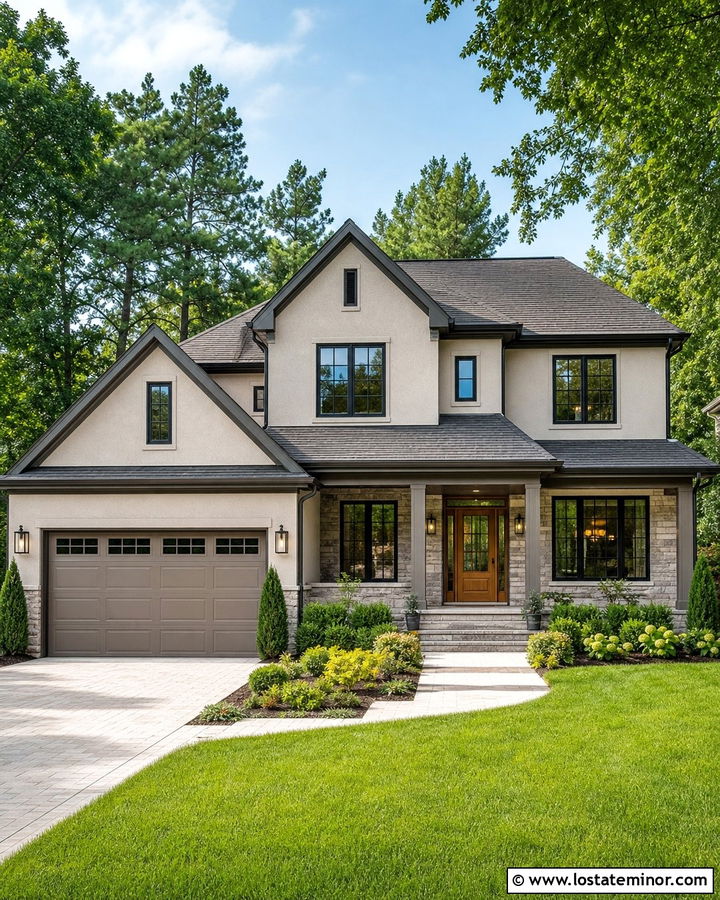 Warm Greige House With Charcoal Window Frames - 30 Greige House Design With Window Frames Ideas