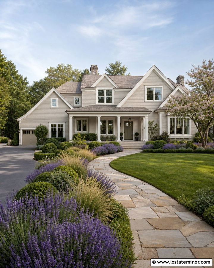 Warm Greige House With Curved Walkway - 30 Greige House Design With Front Yard Ideas