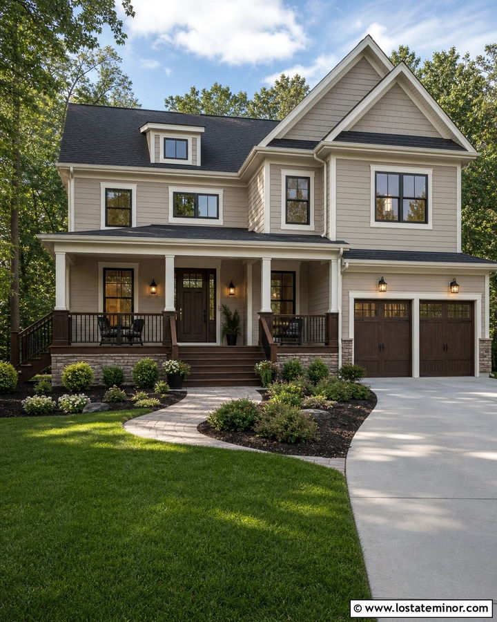 Warm Greige House With Dark Walnut Deck - 30 Greige House Design With Deck Ideas