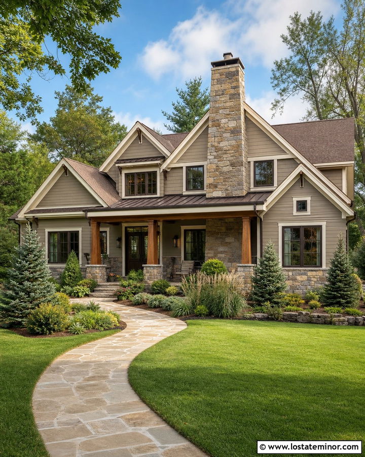 Warm Greige House With Fieldstone Chimney - 30 Greige House Design With Chimney Ideas