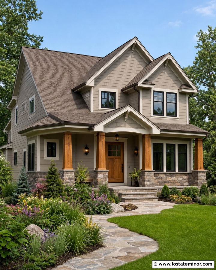 Warm Greige House With Natural Wood Front Door - 30 Greige House Design With Front Door Ideas