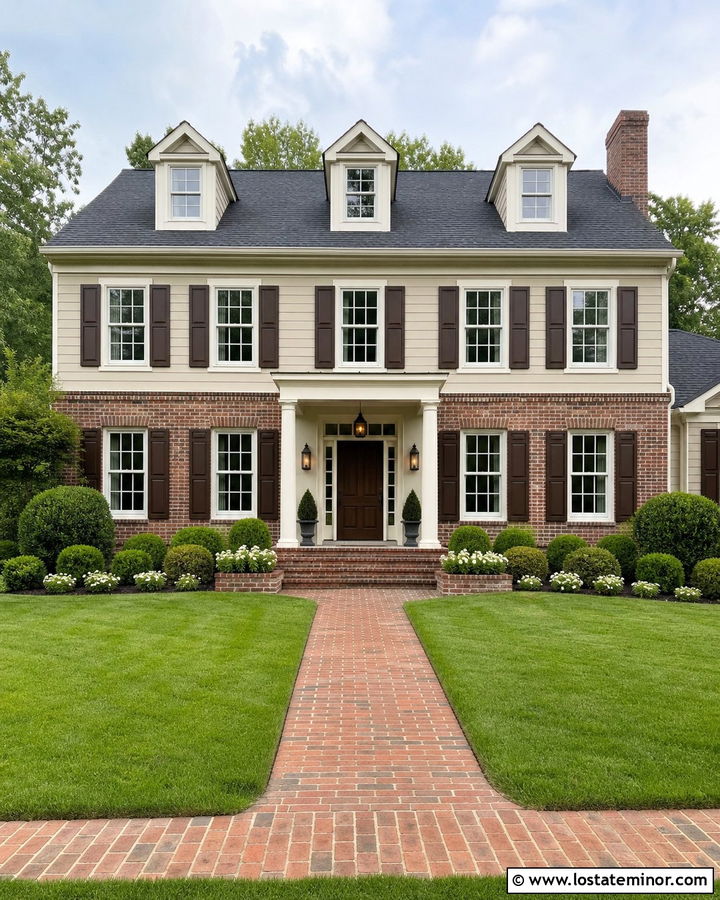 Warm Greige House With Red Brick Accents - 30 Greige House Design With Brick Accents Ideas