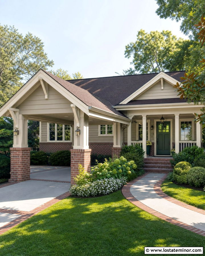 Warm Greige House With Red Brick Carport - 30 Greige House Design With Carport Ideas